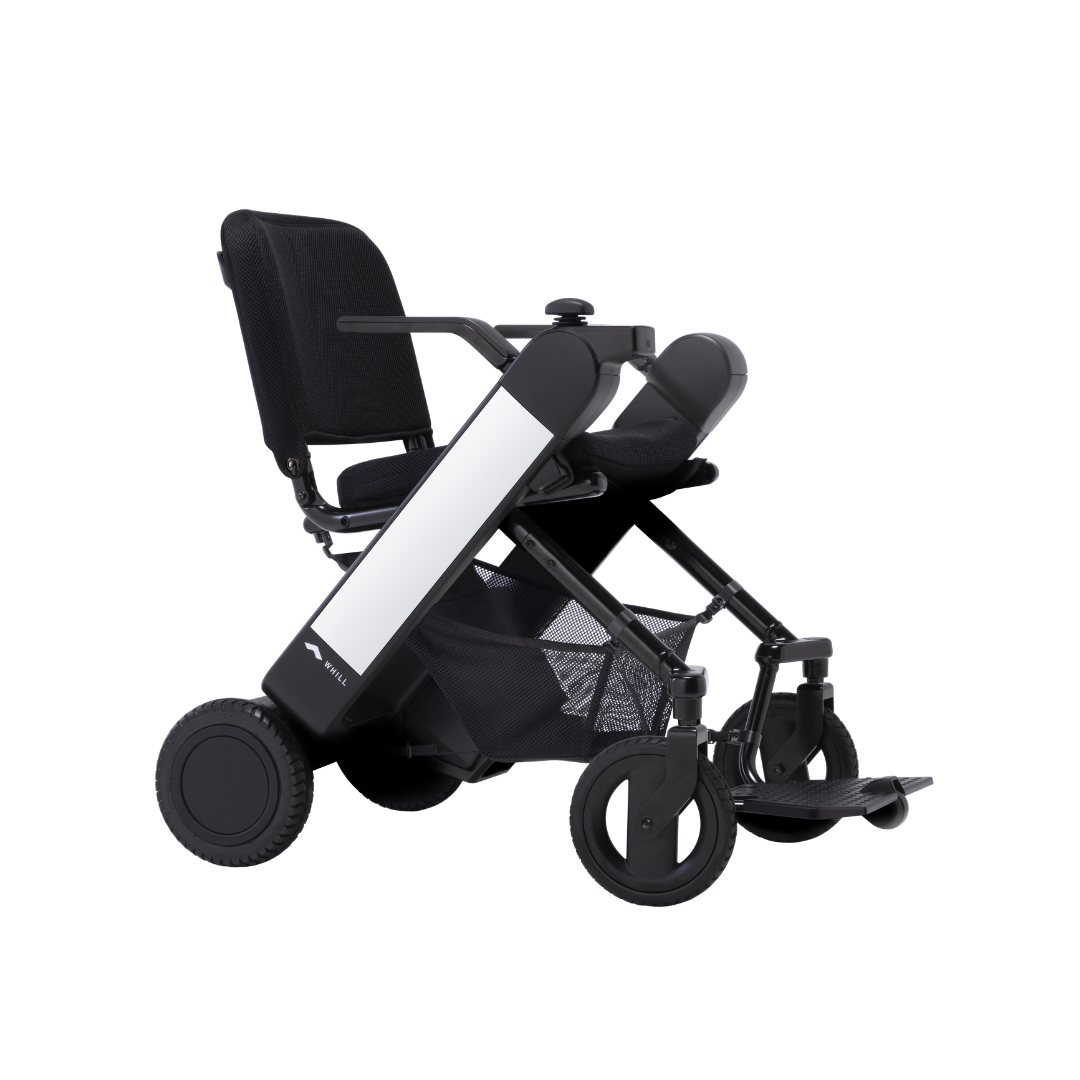 The Whill Model F Lightweight Portable Electric Wheelchair features a sleek black design with a mesh seat and backrest, large rear wheels, small front wheels, footrest, detailed specs, and warranty info.